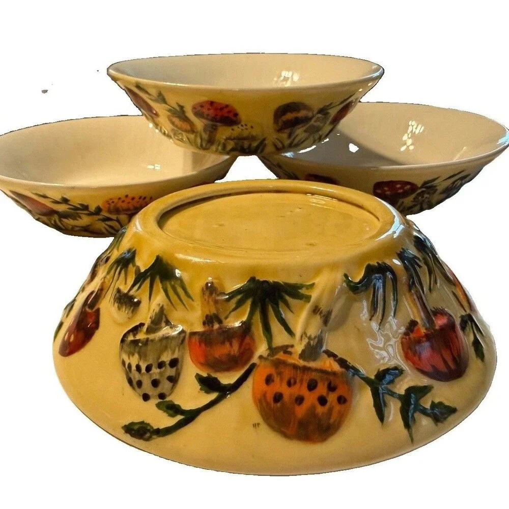 4 Vintage Yellow Mushroom Bowls Hand Painted Woodland Toadstool Japan Style